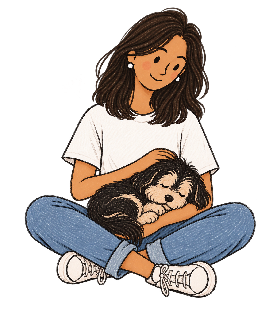Illustration of Joyti sitting with her dog